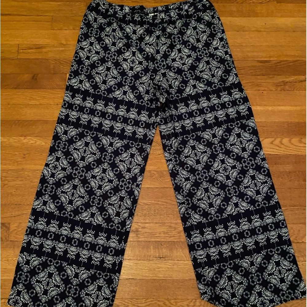 DARK BLUE/WHITE BOHO WIDE LEG TRIBAL PRINT HIPPIE PANTS SIZE LG